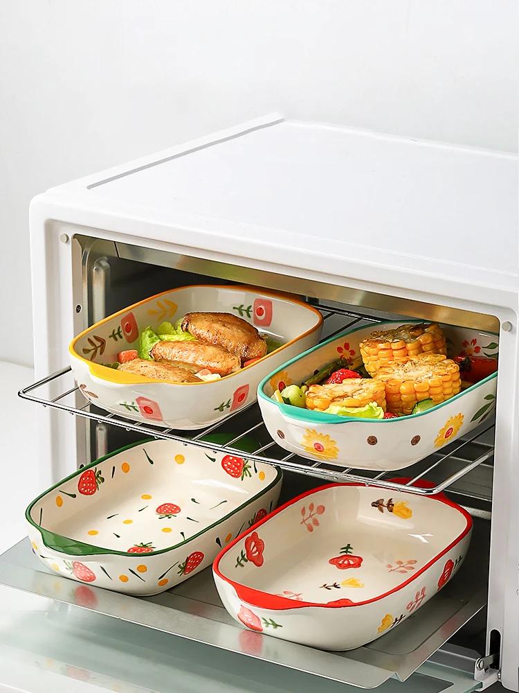 Binaural Ceramic Rectangular Baking Plate Cheese Baked Rice Plate Household Salad Plate Cute Printed Baking Bowl Utensils