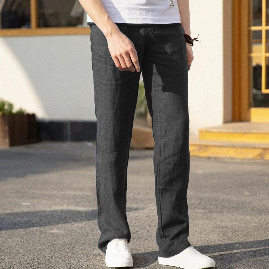 Summer Men's Linen Blend Straight-Leg Pants - Lightweight Breathable Casual Comfort with Elastic Waist and Drawstring Closure