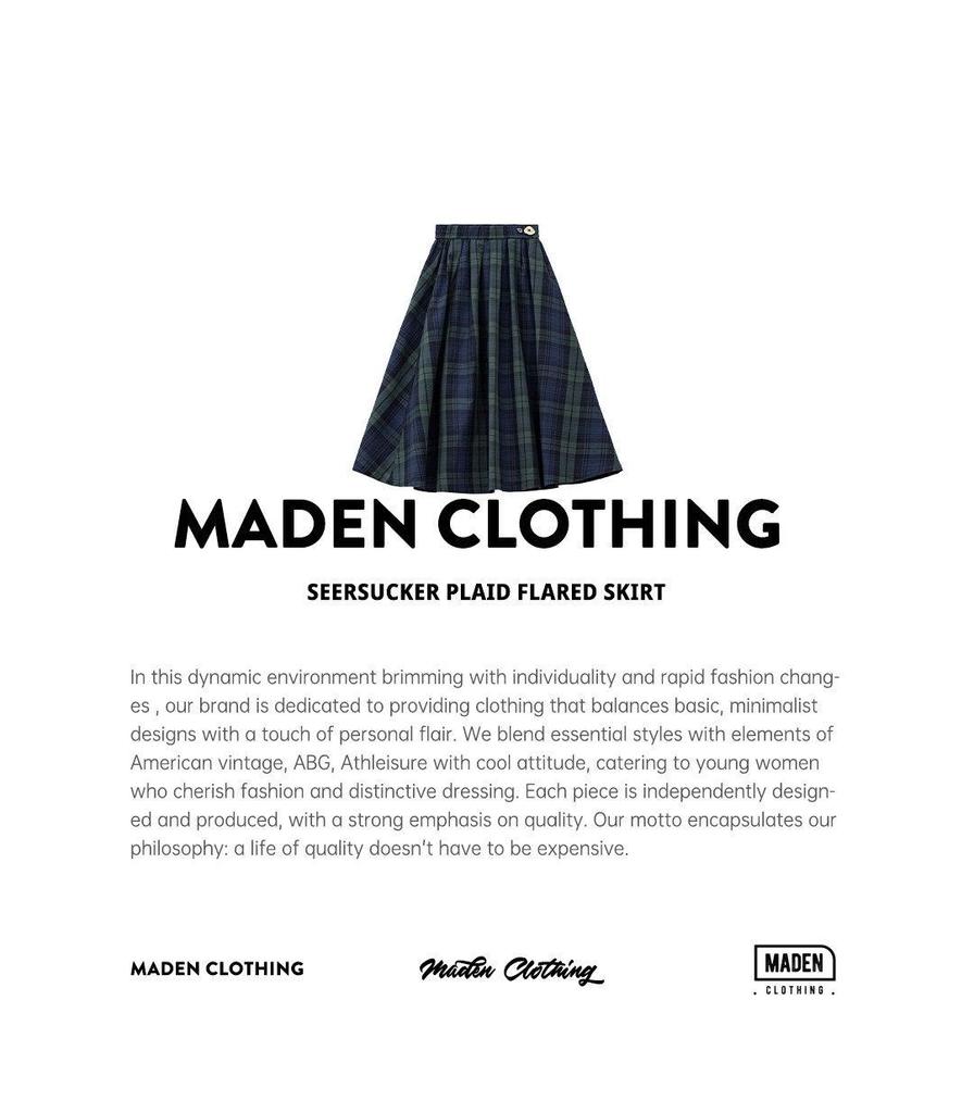 Maden Retro Cotton Gauze Plaid Maxi Skirt: Elastic Waist, Textured A-line Umbrella Design for Women
