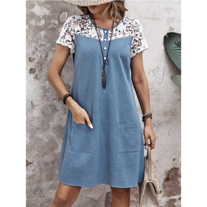 

Women s Dress Ladies Skirt Spring/Summer Casual Loose Contrast Color Lace Stitching Pocket Women s Dress Light Blue 2XL