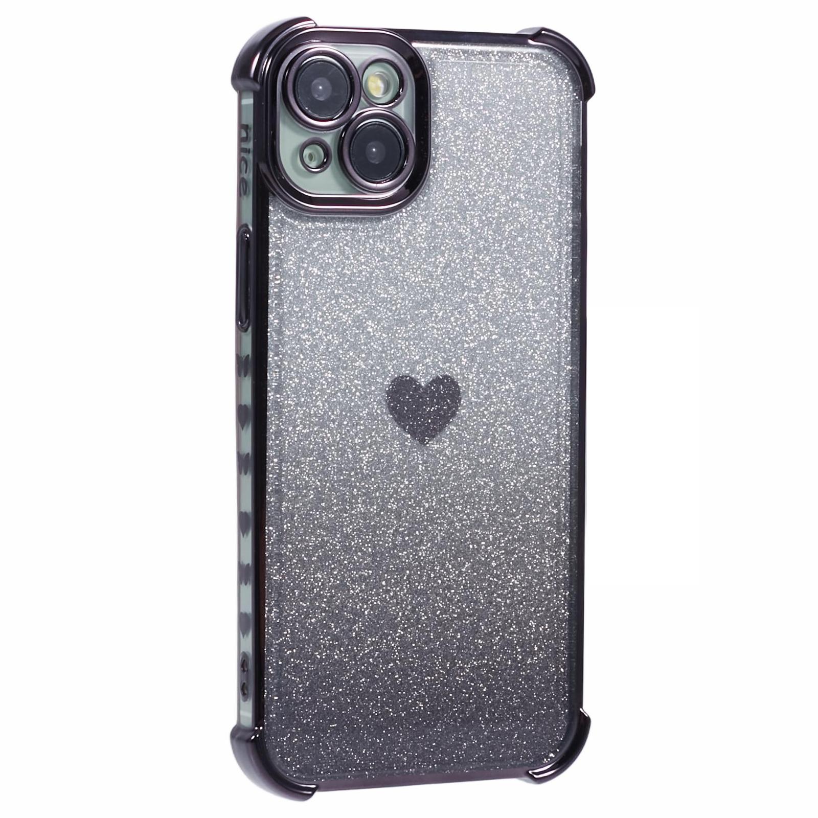 

For iPhone 15 Plus Case Heart Pattern Glitter Anti-Drop TPU Phone Cover Black