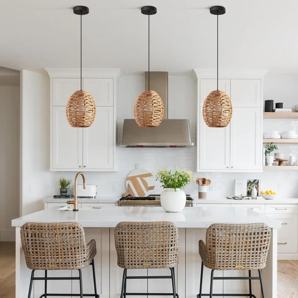 JOYINLED Pendant Light Hand-Woven Rattan Chandelier Boho Hanging Lights for Living Room Dining Room Kitchen Bedroom Farmhouse