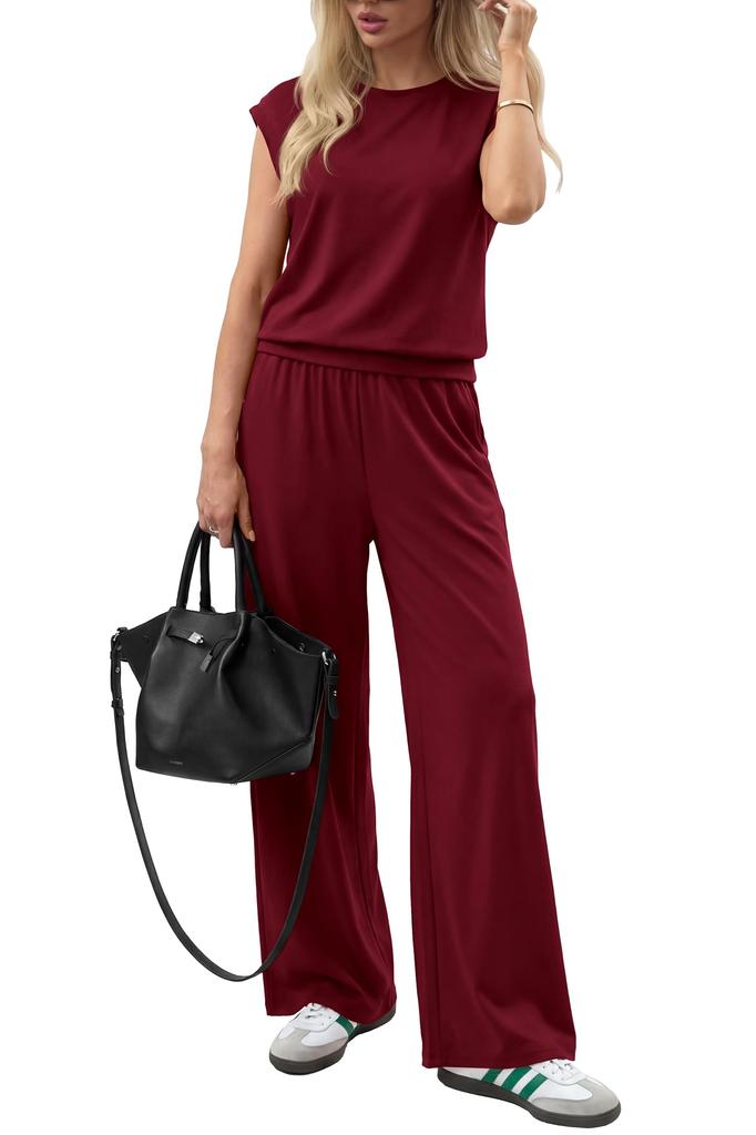 Ladies' Casual  Color Knitted Short Sleeved Round Neck Top And Wide Leg Pants Set