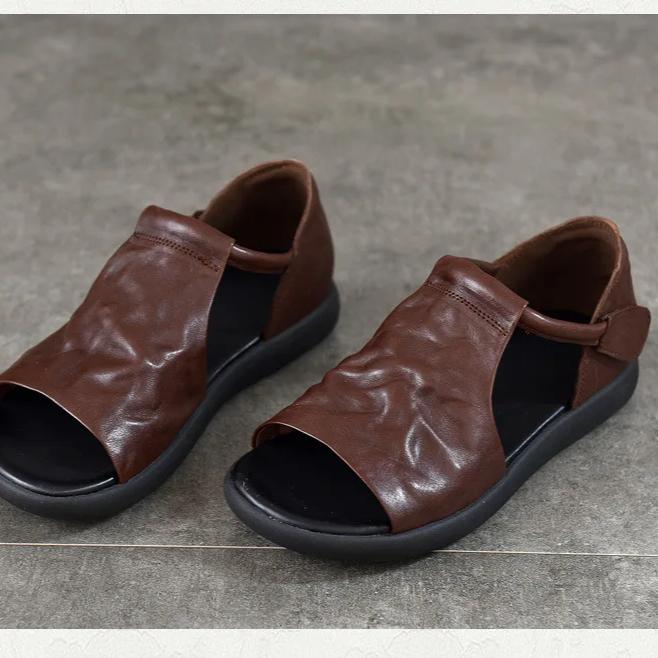 Johnature Genuine Leather Peep Toe Flat Sandals Vintage Solid Color Soft Sole Comfortable Versatile Women Shoes