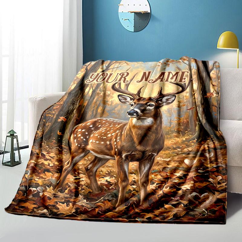 1PC Custom Name Autumn Deer Art Blanket Versatile,all-season Throw Suitable for the Living Room,bedroom,camping,travel,and Gift