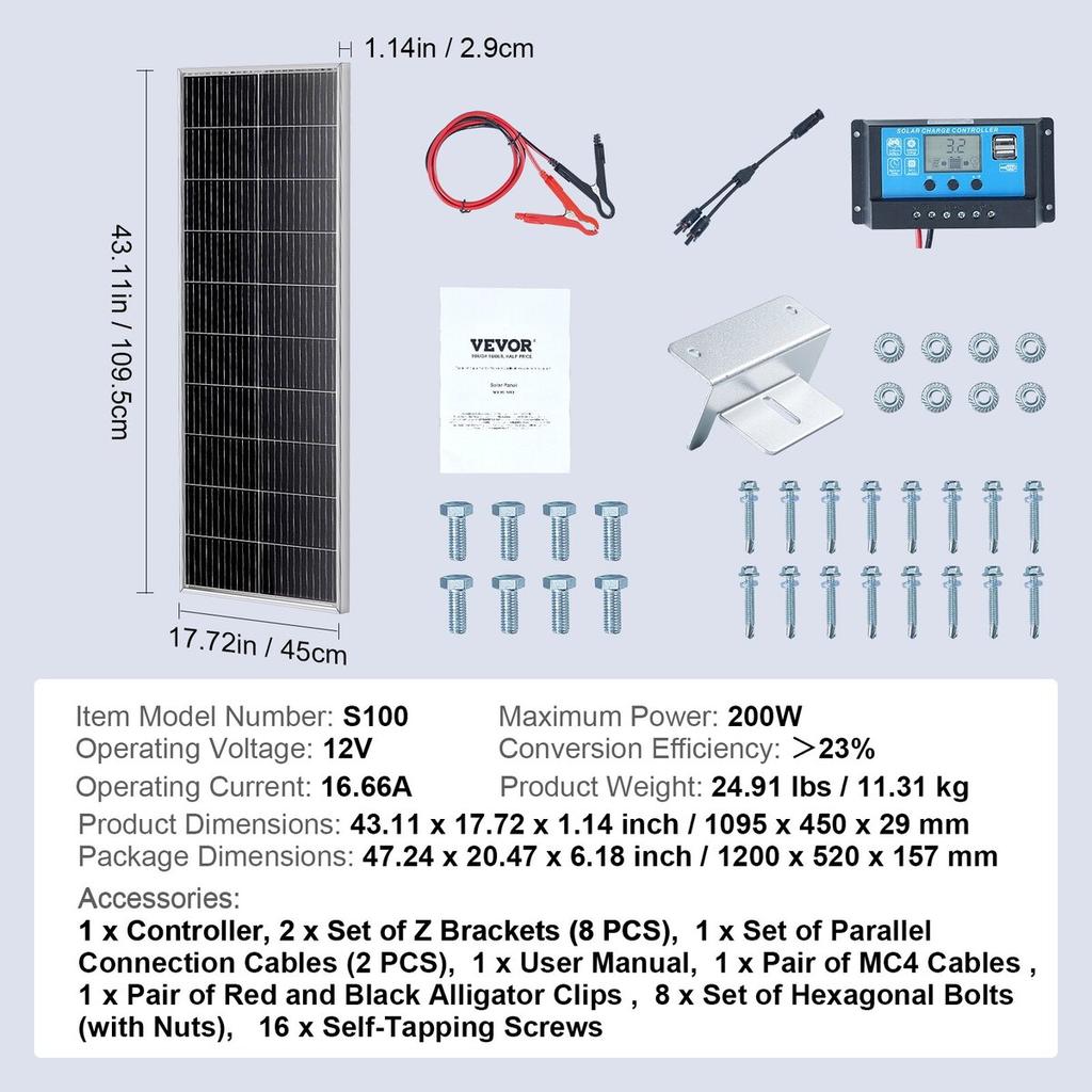 200W Monocrystalline Solar Panel Kit 2PCS Solar Panels & Charge Controller