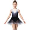 Mädchen Eiskunstlauf Gymnastik Bodysuit Farbverlauf Strass Ärmellos Keyhole am Rücken Unregelmäßiger Saum Knopfleiste im Schritt Leotard Kleid