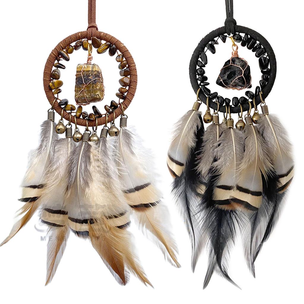 Handmade Woven Dreamcatchers Car Window Wall Hanging Feathered Tassels Natural Stone Bells Ornament for Bedroom Decors