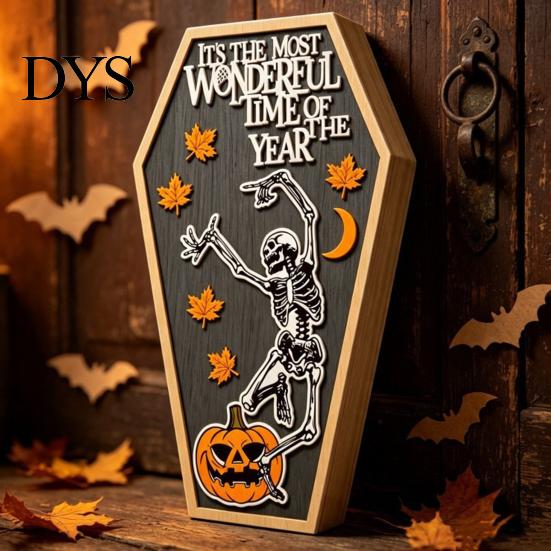 Halloween Wooden Ornaments Table Sign, Spooky Message Board, Tabletop Centerpiece with Skeleton Season Home Decor And Maple Leaves for Haunted