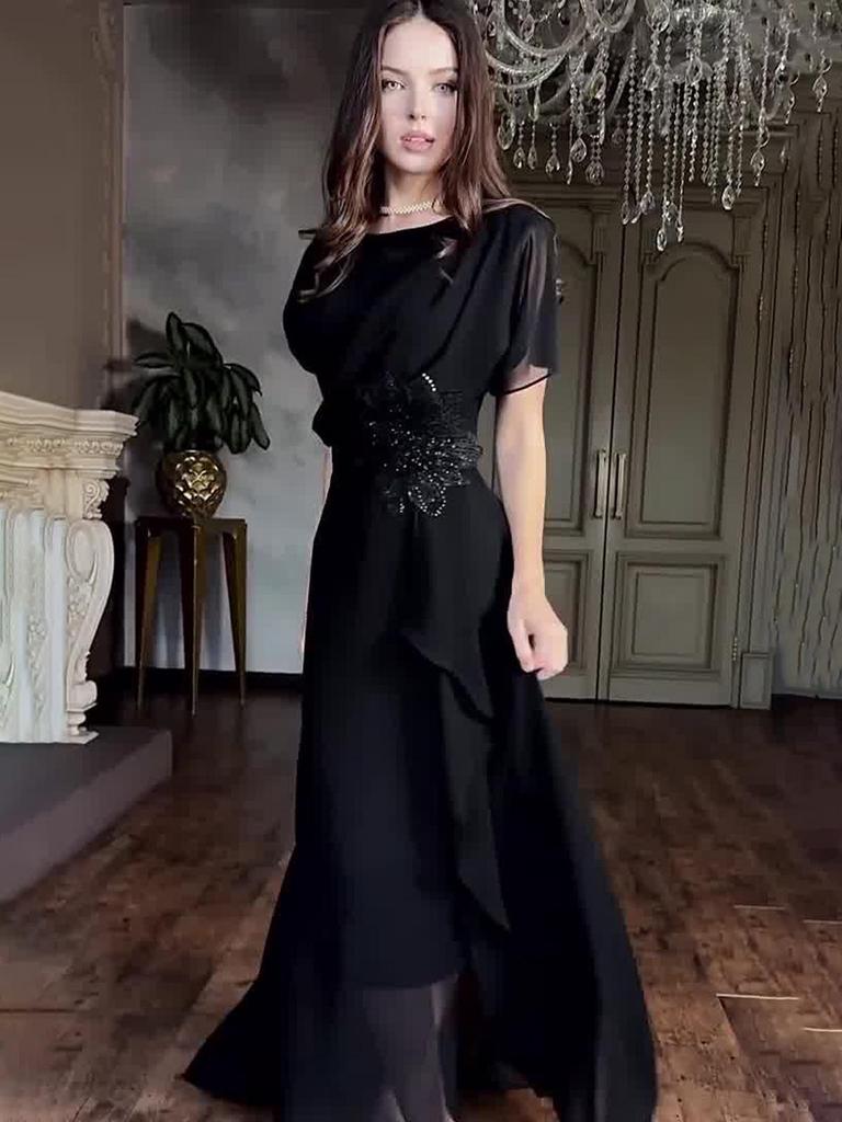 European & American 2025 Spring Elegant Luxurious Short Sleeve Waist-cinching Long Dress