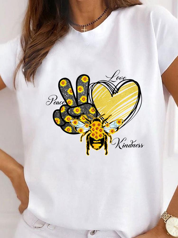Women Clothes Bee Love Style Letter Clothing Print T Shirt Short Sleeve Summer Top Tee Basic Fashion Graphic T-shirt