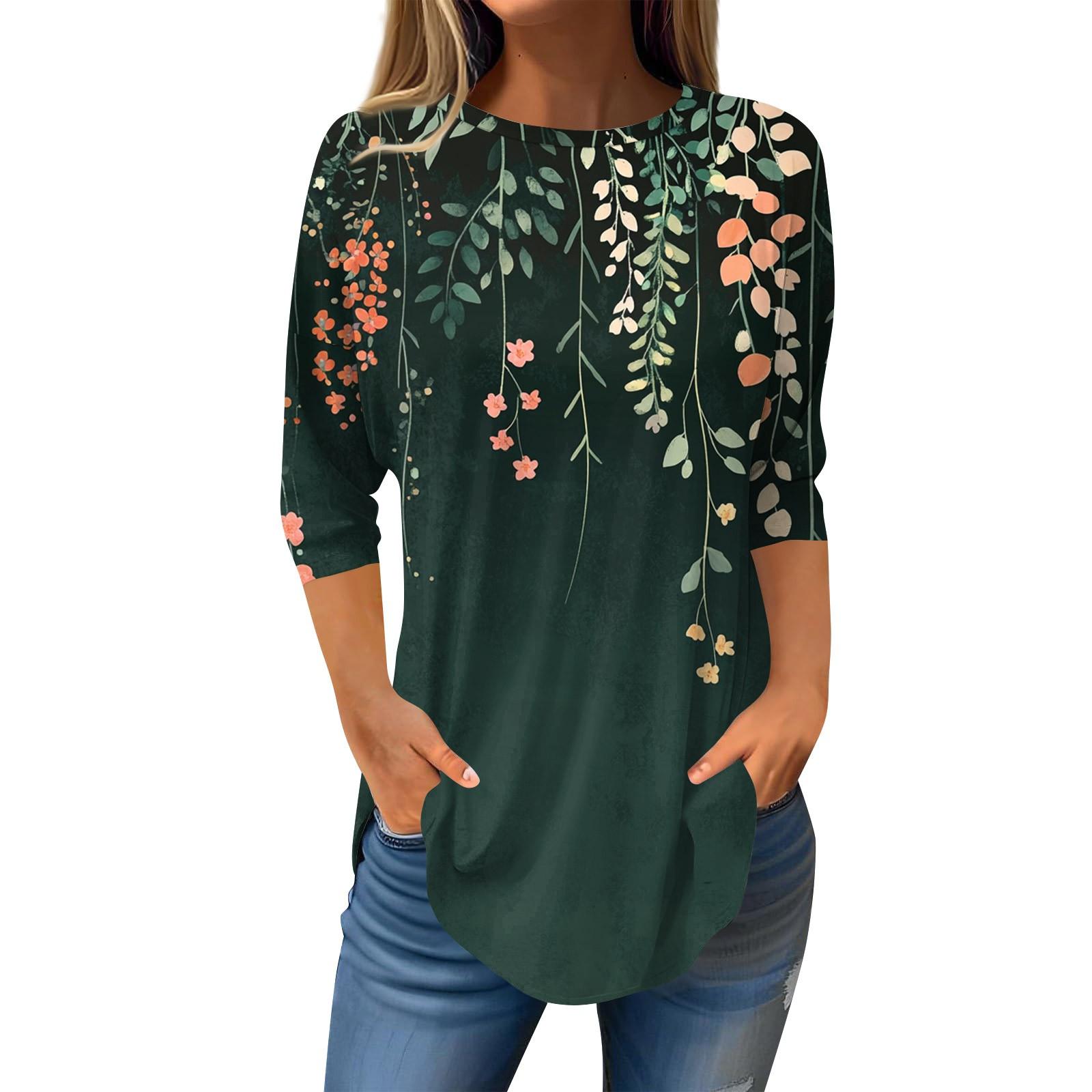 

3/4 Sleeve Shirts For Women Cute Tops Graphic Tees Blouses Casual Plus Size Basic Tops Pullover M