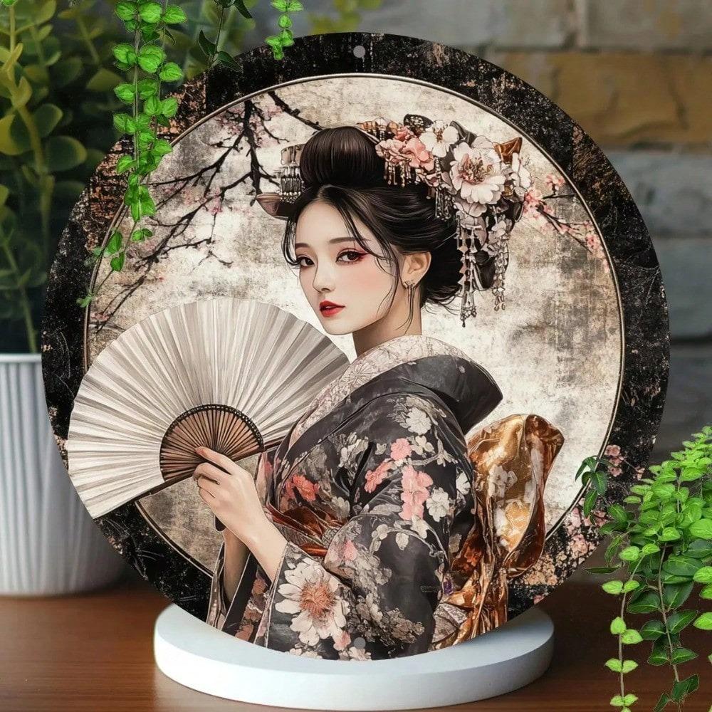 Metal Wall Decor Japanese Geisha Cherry Blossom Round Sign Vintage Home Room Art