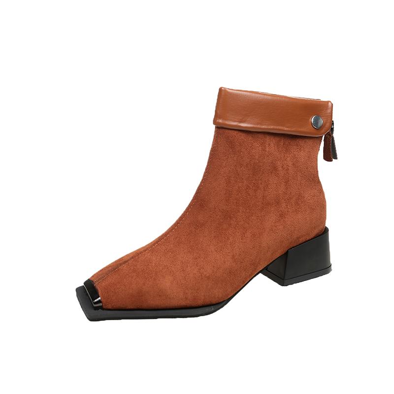 

Женские хлопковые ботинки на толстом каблуке, зимние новые, с квадратным носком, замшевые, на молнии сзади, комбинированные, с заклепками, нескользящие короткие ботинки 40 темно-коричневого