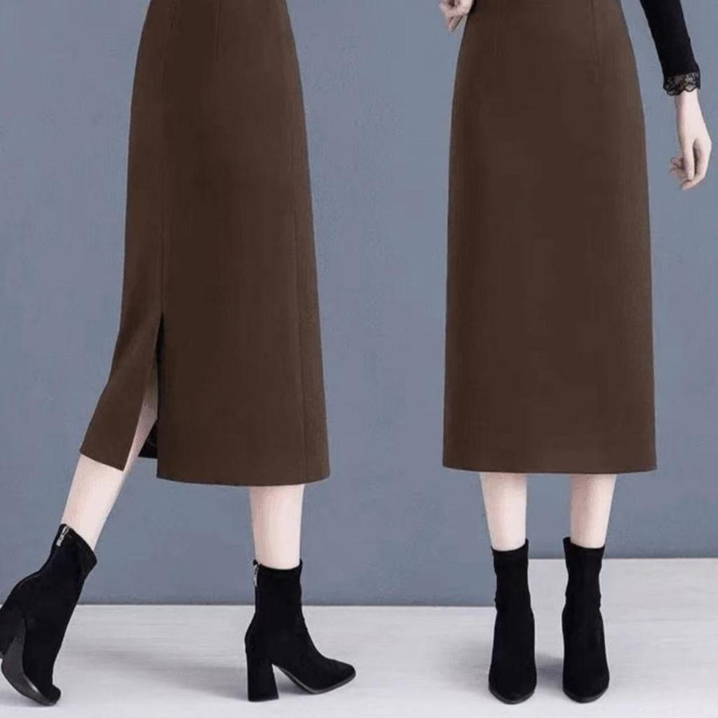2025 Vlněná směs Sukně midi s vysokým pasem - Zeštíhlující, Všestranná rovná sukně s rozparkem na podzim/zimu