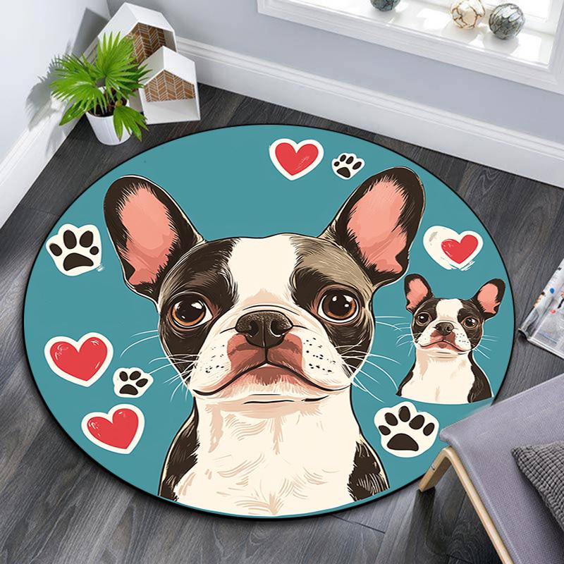 Okrągły dywanik z buldogiem francuskim, Dywanik do salonu, sypialni, przy sofie, pokoju zabaw, Mata podłogowa antypoślizgowa