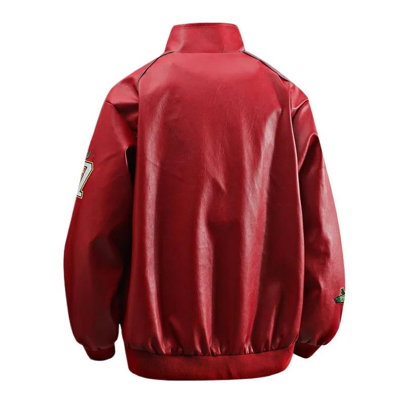 American Style Motorcycle PU Leather Jacket Trendy Black White Heavyweight Biker Jacket Men's Loose Fit Padded Outerwear