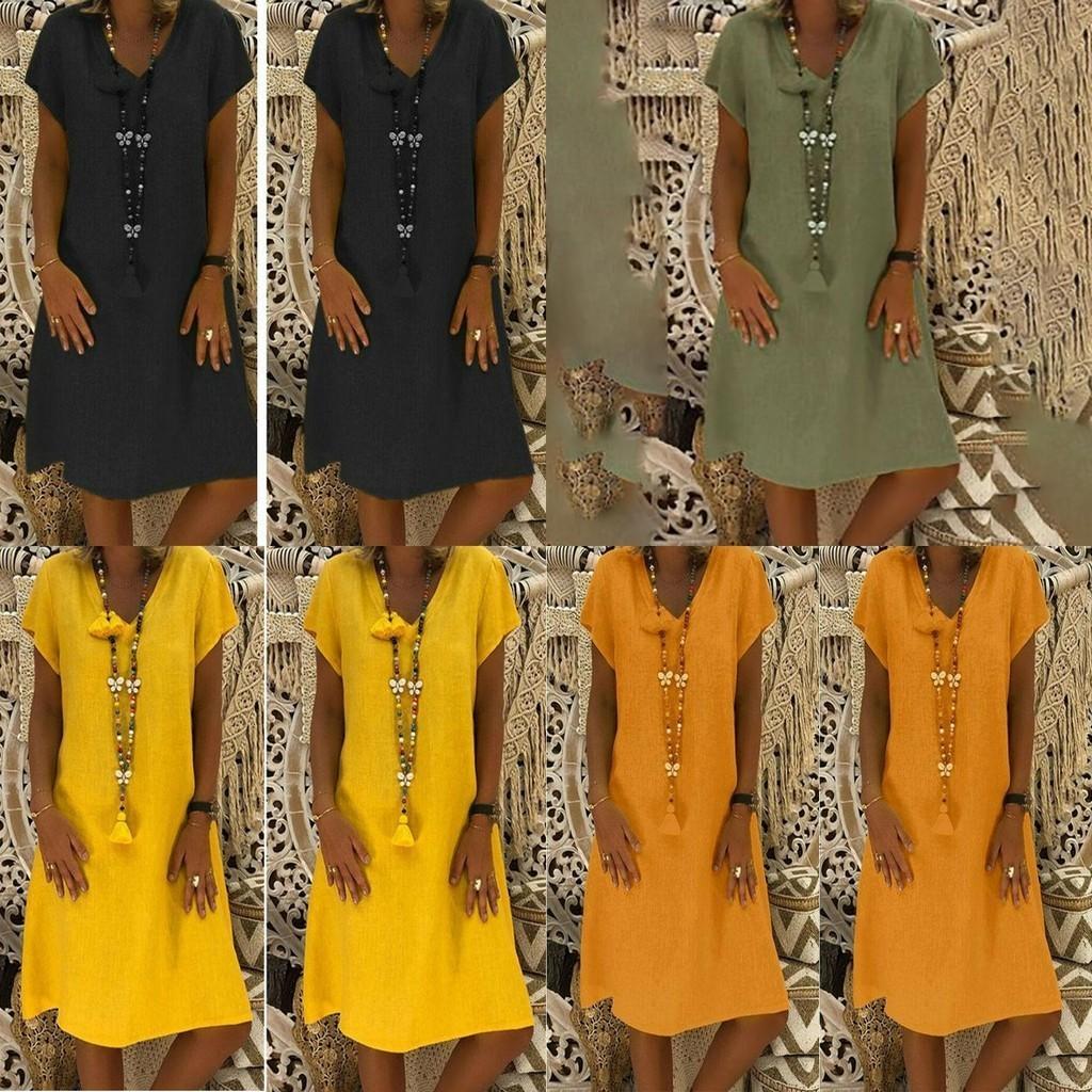 Robe Tunique Midi Élégante d'Été à Manches Courtes et Col en V pour Mode Grande Taille