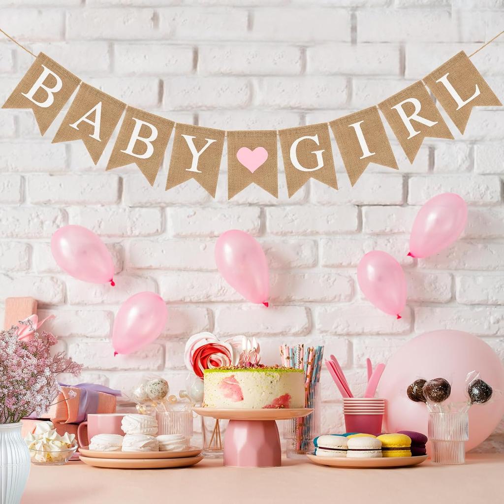 Pre-Strung Baby Girl Burlap Banner, Gender Reveal Banner for Baby Shower Party Decorations (Light Pink Heart)