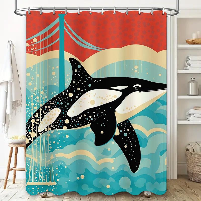 Vintage-inspired Orca Whale Bath Curtain Bold Ocean Blue Red Shower Decor 69 x 70 Inches (WxL)