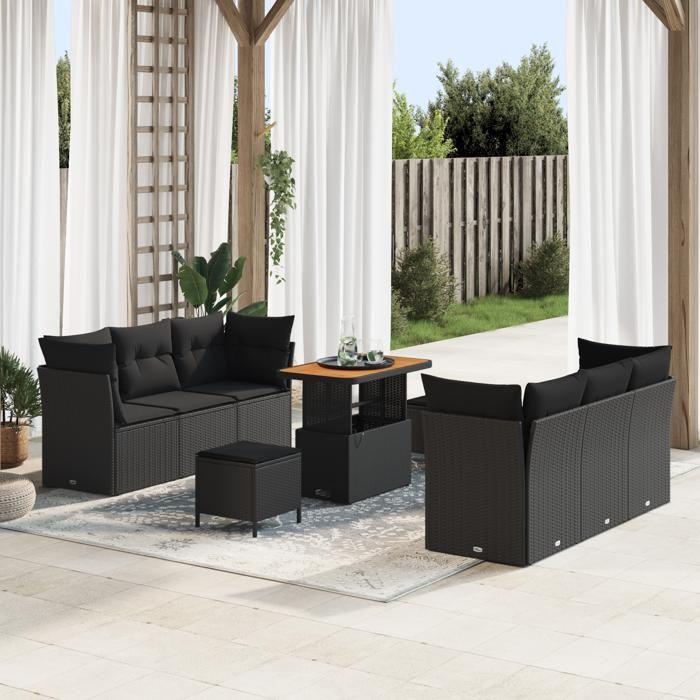 Ensemble de canapé de jardin 9 pièces avec coussins noir poly rotin acacia, Ensemble de salle à manger de jardin 3 pièces 3363389