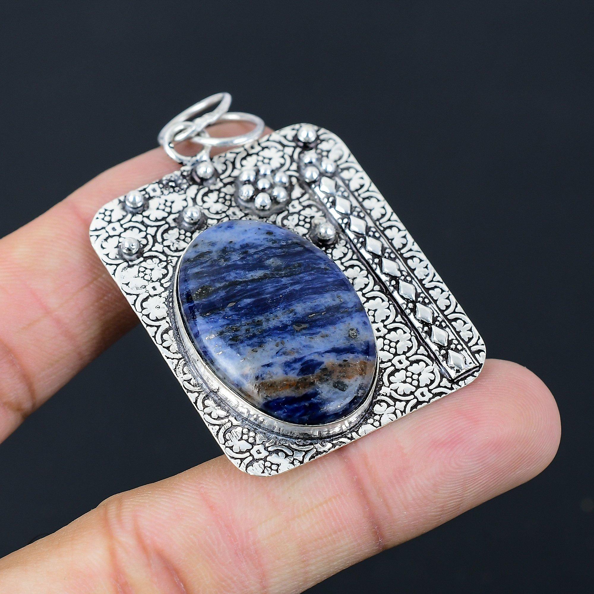 Sodalite Gemstone Unique Anniversary Art Deco Wedding Trendy Pendant 925 Silver