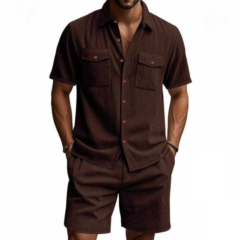 Summer Men's Solid Color Pocket Shirt, Short-sleeved Shorts, Two-piece Suit