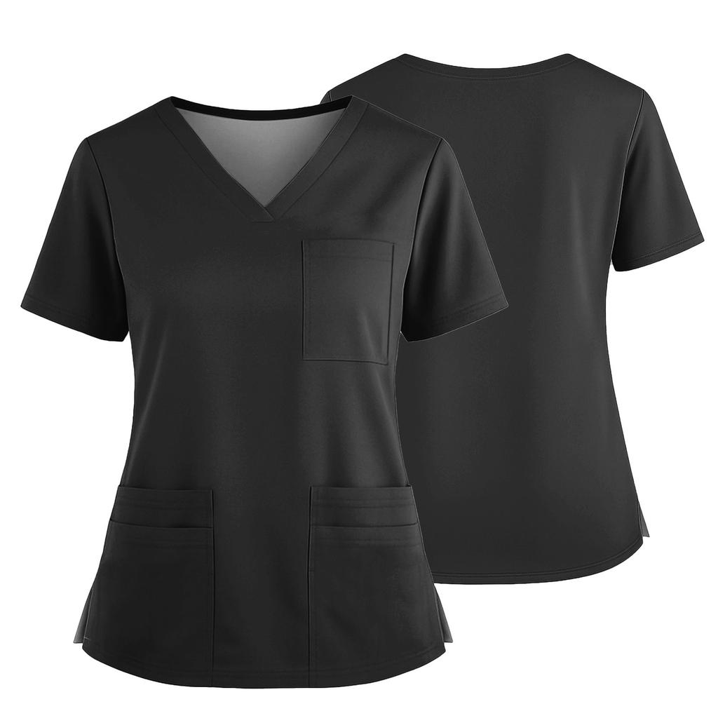 Women's Uniform Solid Color V-Neck Pocket Side Slit Uniform Short Sleeved Top Top