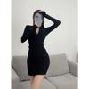 Semi-turtleneck Solid Color Sexy Hottie Elastic Slim Fit Small Black Dress Women's Simple Long-sleeved Waist-wrapped Hip Short Dress