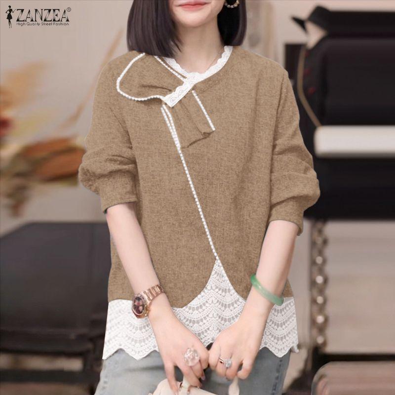 ZANZEA Women Casual V Neck Long Sleeve Lace Splice Blouse