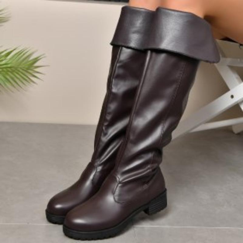 

Большого размера ботфорты на толстом каблуке из кожи, женские новые модные ботинки с круглым носком и толстым каблуком 45