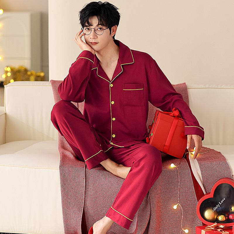 Red Newlywed Couple Pajama Set: Men's & Women's Long Sleeve Cotton Bridal Homewear for Spring and Autumn