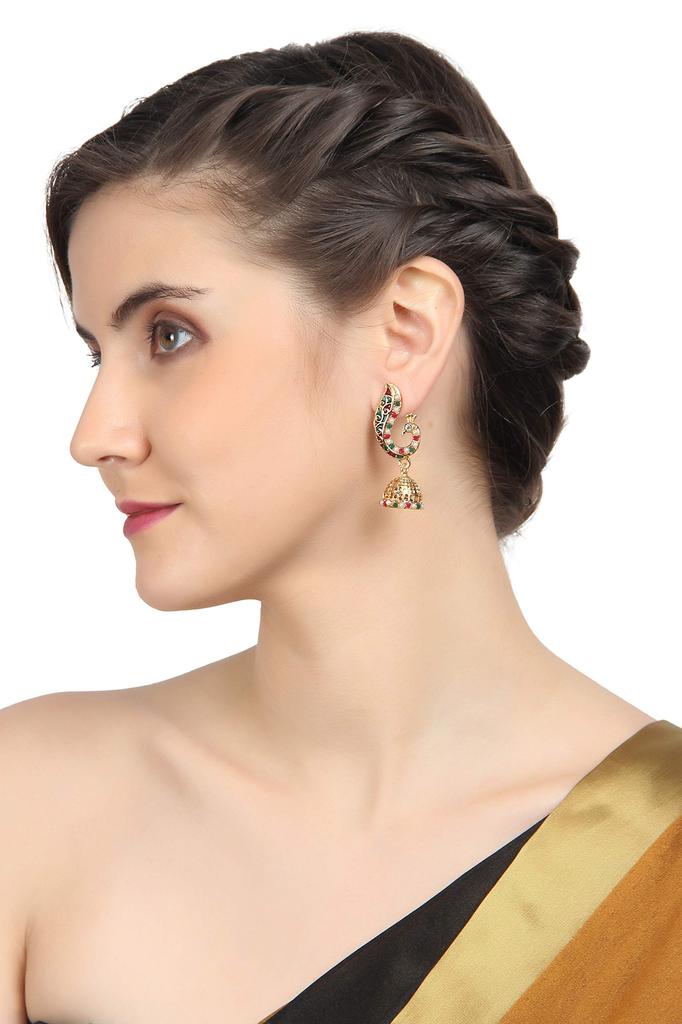Touchstone Indian Bollywood Peacock Jewelry Earrings Antique Gold Tone for Women Enamel/Red/Green/White