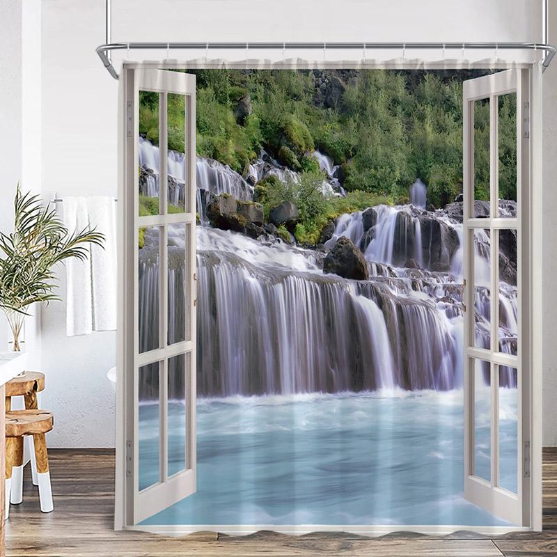 Waterfall Landscape Shower Curtain Forest Lake Window Outside Nature Scenery Modern Home Bathroom Decor Bath Curtains With Hooks