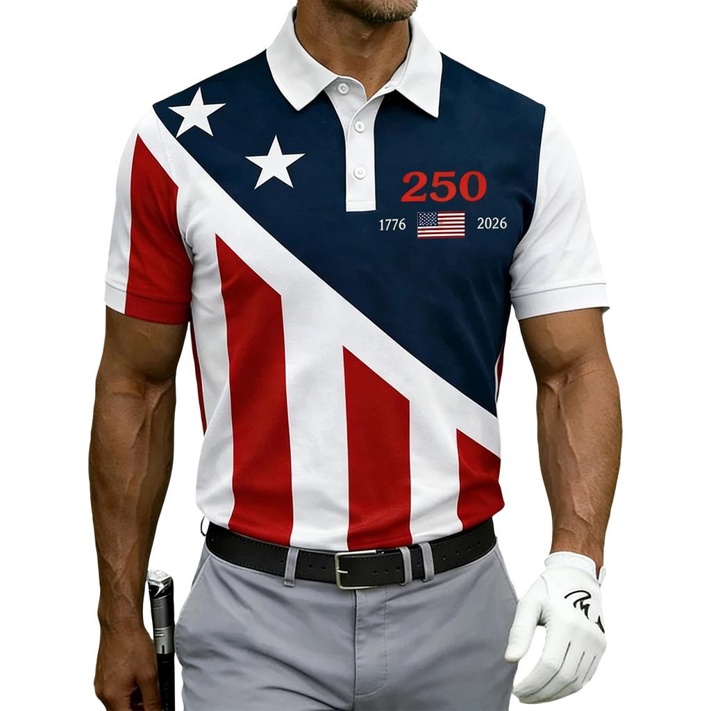 Men Golf Polo Shirt Short Sleeve Button Up Collared Top with USA Flag Print Casual Athletic Fit for Outdoor Sports