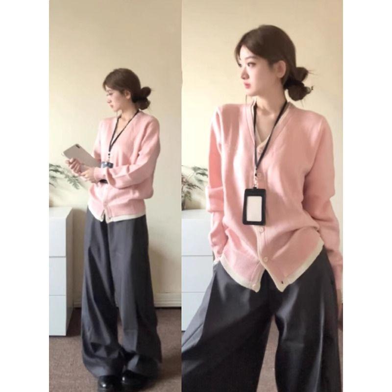 

Кардиган-свитер с V-образным вырезом и эффектом двухслойности, сочетающийся по цвету, женский, новинка начала осени, корейский стиль, свободный вязаный плащ, топы Pink S