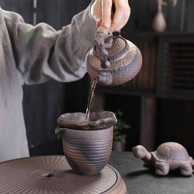 Coarse Pottery Gilt Iron Glaze Side Handle Pot Single Pot Brewing Teapot Teacup Retro Firewood Burning Kung Fu Tea Set