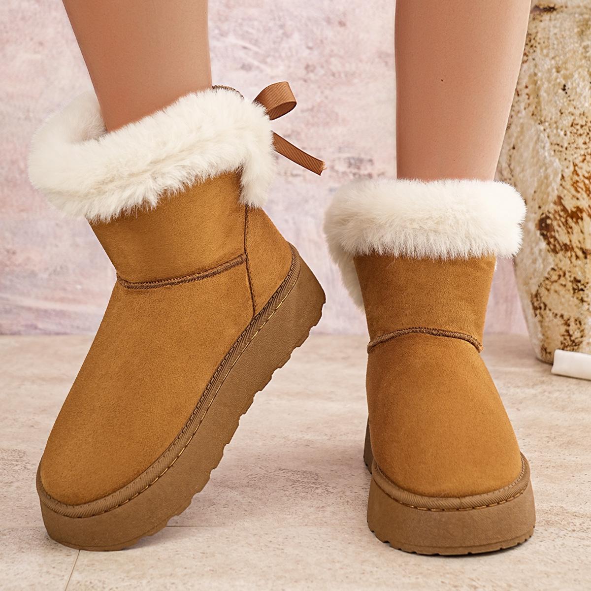 

Fashion Sweet Lace Up Bowknot Decoration Furry Snow Boots Women 2025 Winter Soft Thick Bottom Fur Ankle Boots Warm Short Plush Booties 42 коричневый