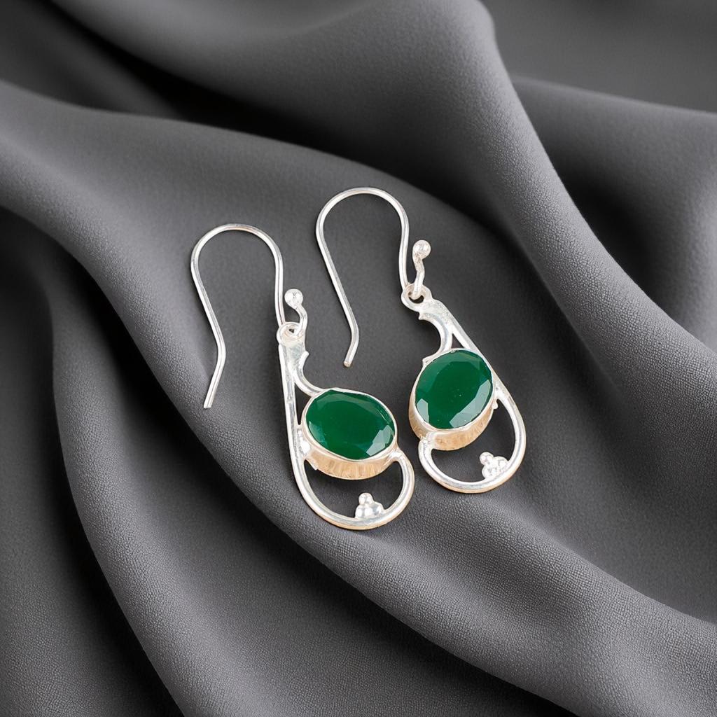 Piatră prețioasă Onix Verde Argint Sterling 925 Bijuterii Handmade Cercei Atârnători 1.60" EE-49-13