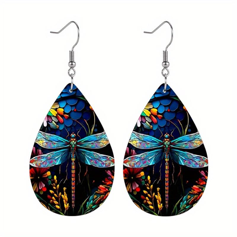 Colorful Dragonflies Flowers PU Leather Earrings Y2K Earrings Double-sided Printed Water Drop Earrings