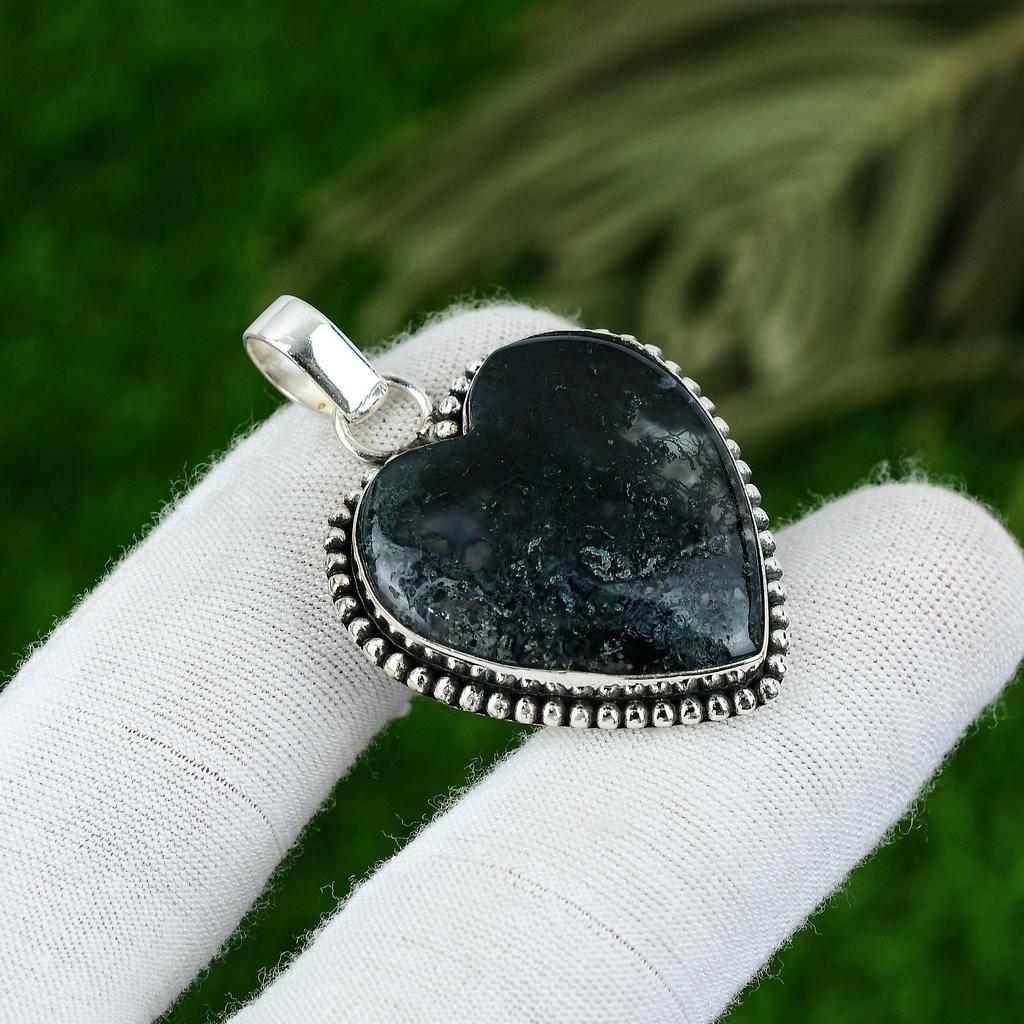 Gift For Women Pendant 925 Sterling Silver Natural Solar Moss Agate Gemstone
