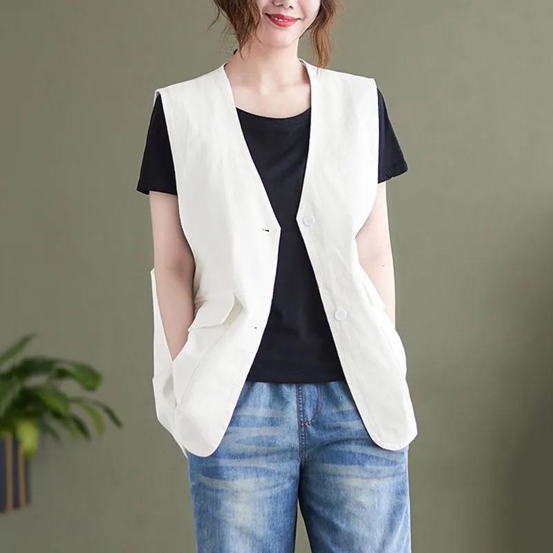 

Женский жилет Хлопковые топы без рукавов Однотонный Оверсайз Повседневный V-образный вырез Жилет Куртка XXXL белый