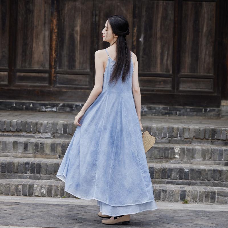 Summer Dark Style Stitching Large Pendulum Bottoming Skirt with Strap Spray Dye Dress