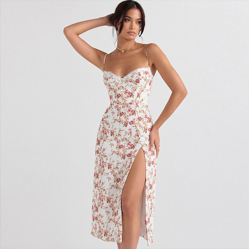 Dress Floral Slit Slim-Fitting Strap Dress