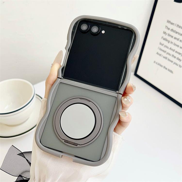 Applicable To Samsung ZFlip7 Rotating Mirror Holder Mobile Phone Case Skin Feeling Wave Zflip6/5 Folding PC Protective Case