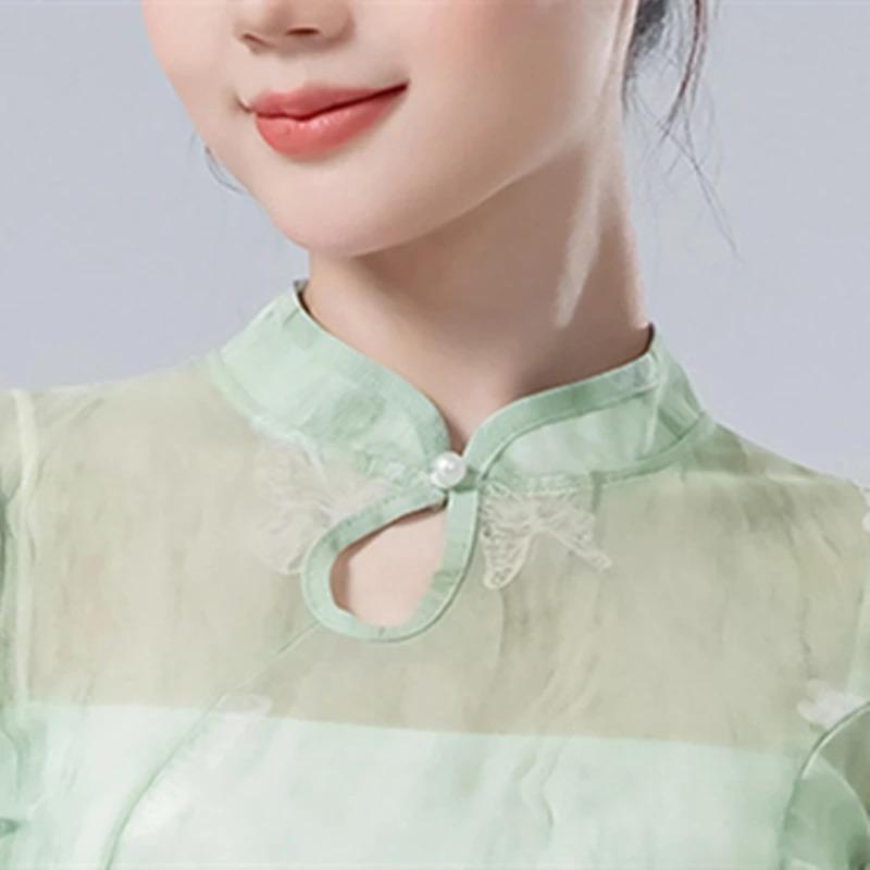 Classical Dance Women Split Hem Long Gauze Mesh Shirt Cheongsam Neck Hanfu Performance Sheer Flowy Blouse Training Dancewear