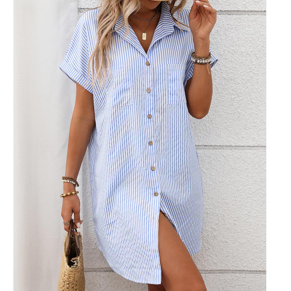 Summer Women's Short Sleeved Striped Cotton Linen Mid Length Shirt for Women Long Shirts
