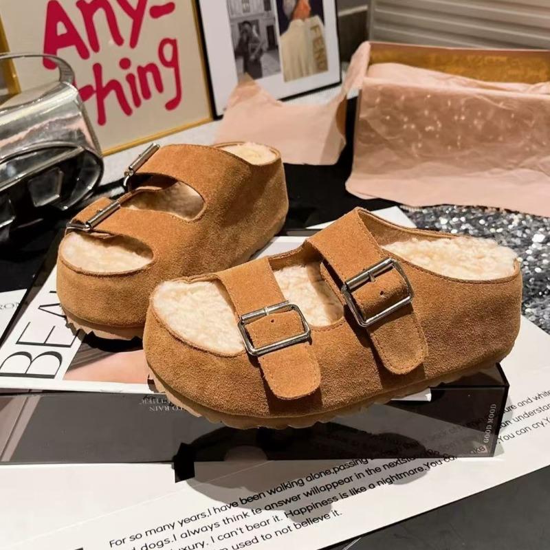 Fashion Platform Suede Women Fur Slippers 2025 Autumn Fashion Buckle Shoes Designer Slingback New Trends Slingback Shoes Casual Zapatos
