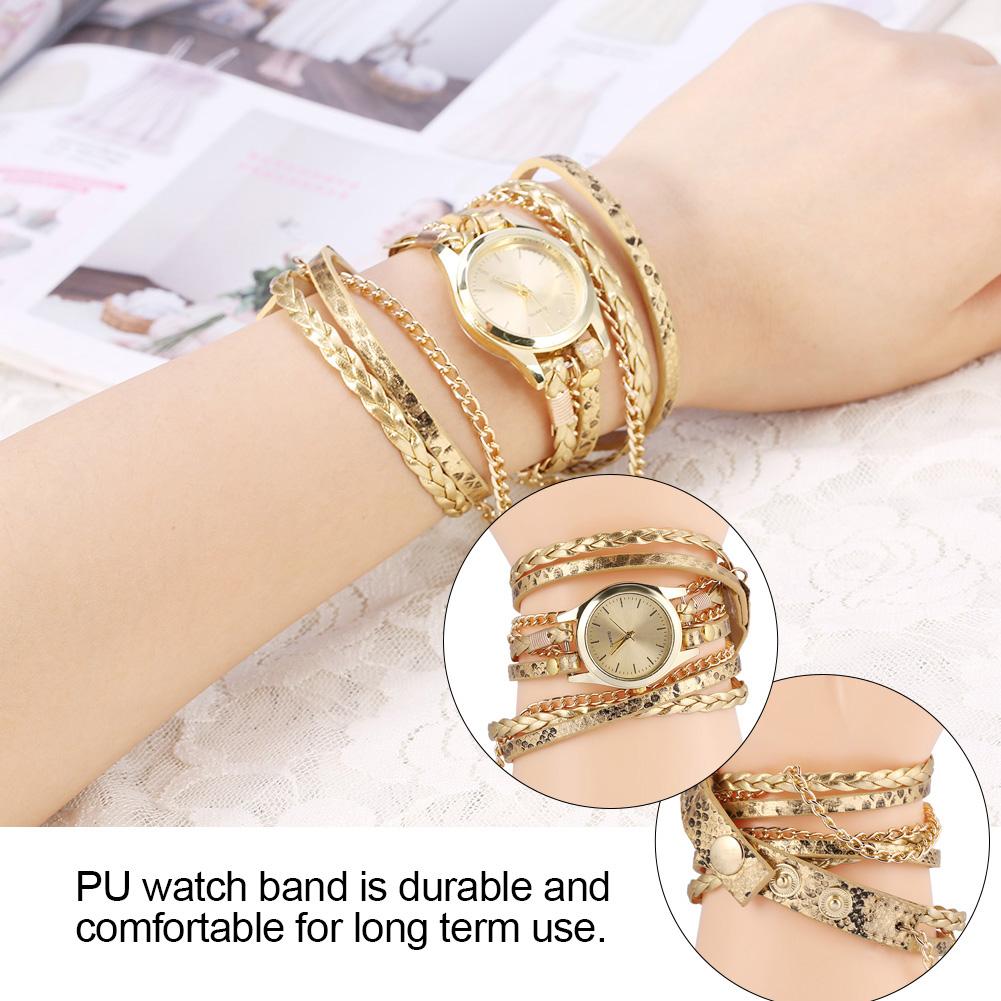 Women Braid Weave Bracelet Quartz Analog Round Watch Wristwatch(Gold)