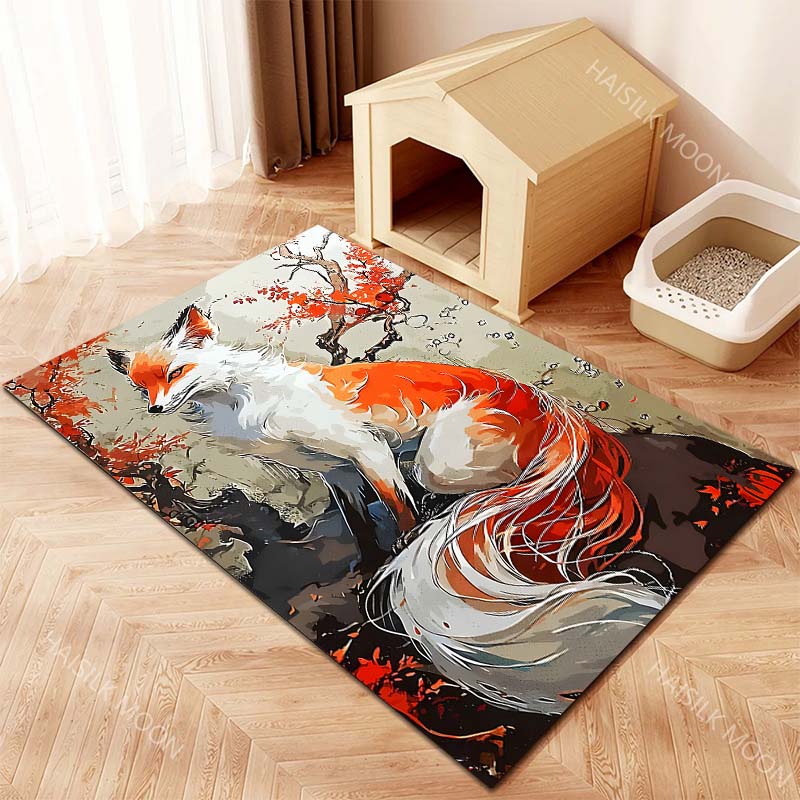 Multiple sizes Red fox long tail on rock maple Print Carpet for Living Room Bedroom Sofa Home Decor Non-slip Mat Luxury Gift